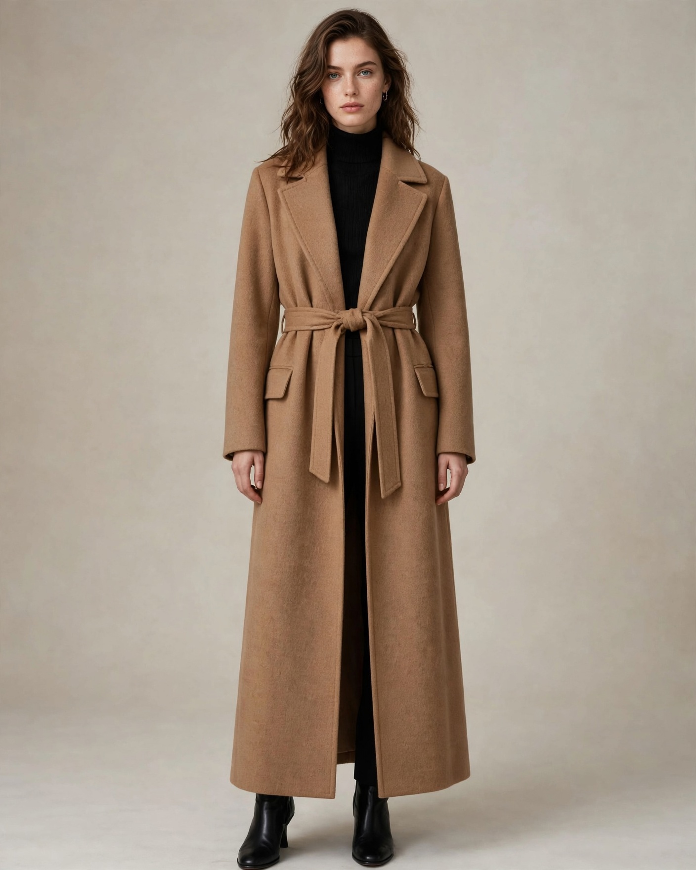 Mila's match: a long camel coat with a tie belt, at a fraction of the price